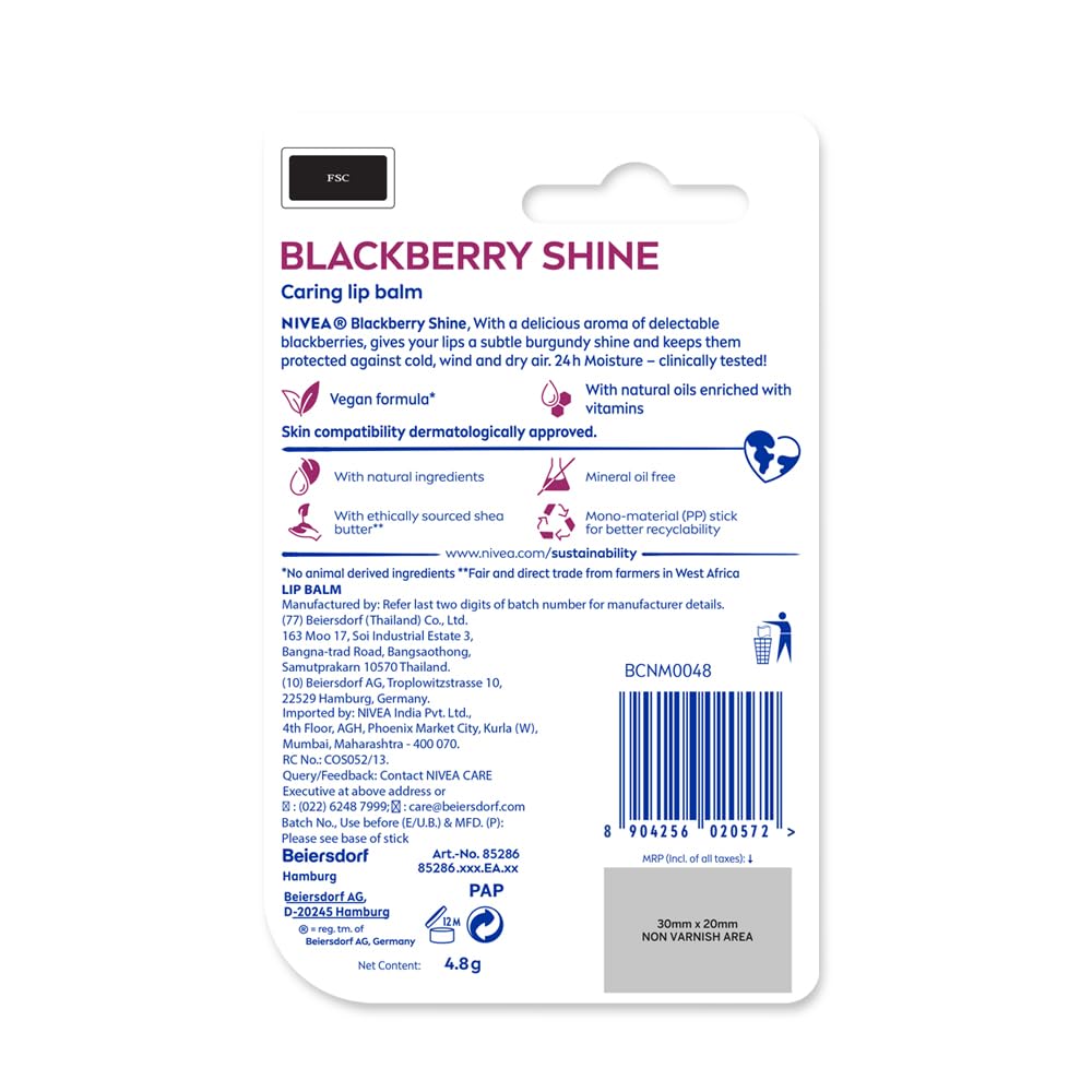 NIVEA Lip Balm, Fruity Berry Shine, 4.8gm, Purple