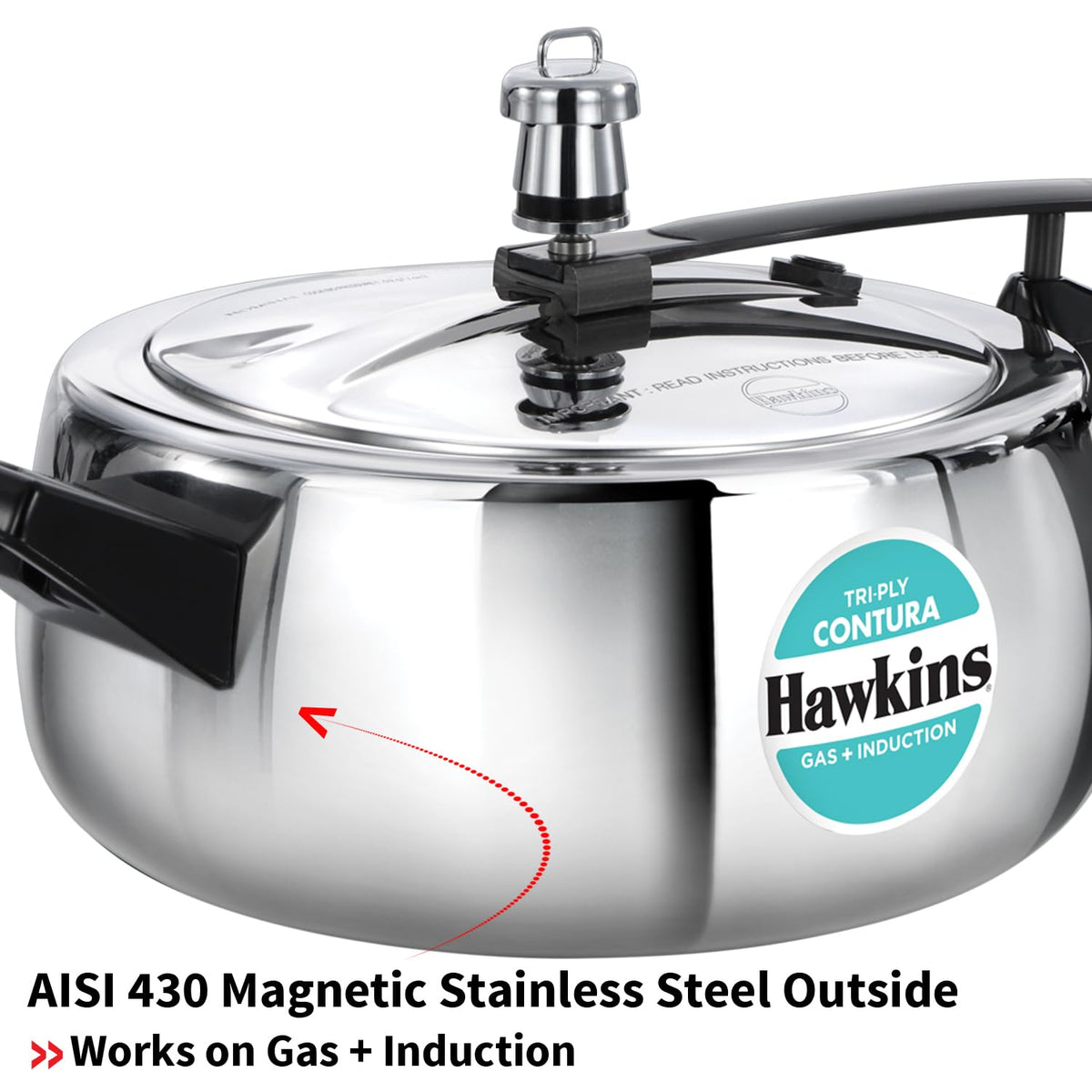 Hawkins Contura 3.5 Litre Triply Stainless Steel Pressure Cooker | Curved Body | Induction & Gas Compatible | Ideal for 4–5 persons | ISI Certified |..