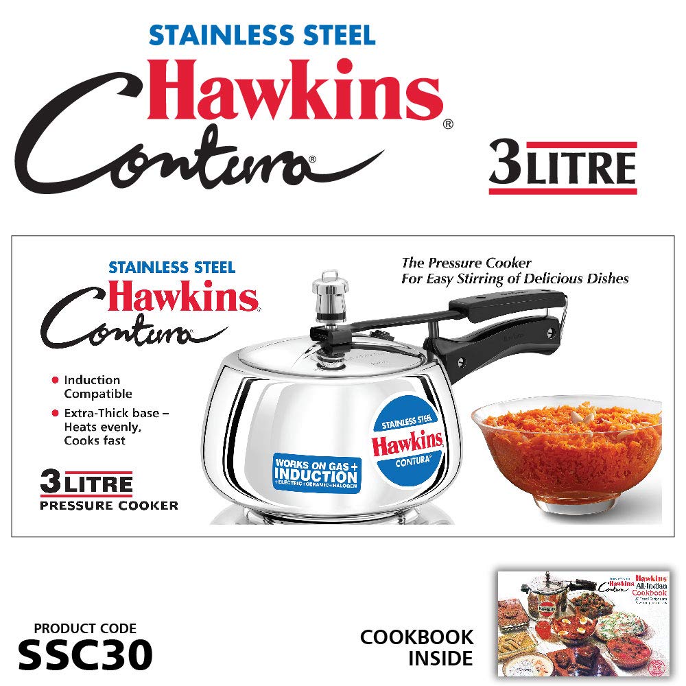 HAWKINS Stainless Steel CONTURA Pressure Cooker 3 litres + Hawkins Stainless Steel Pressure Cooker, 2 litres, Silver