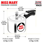 Hawkins Aluminium 2 Litre Miss Mary Pressure Cooker, Small Inner Lid Cooker, Silver (Mm20)