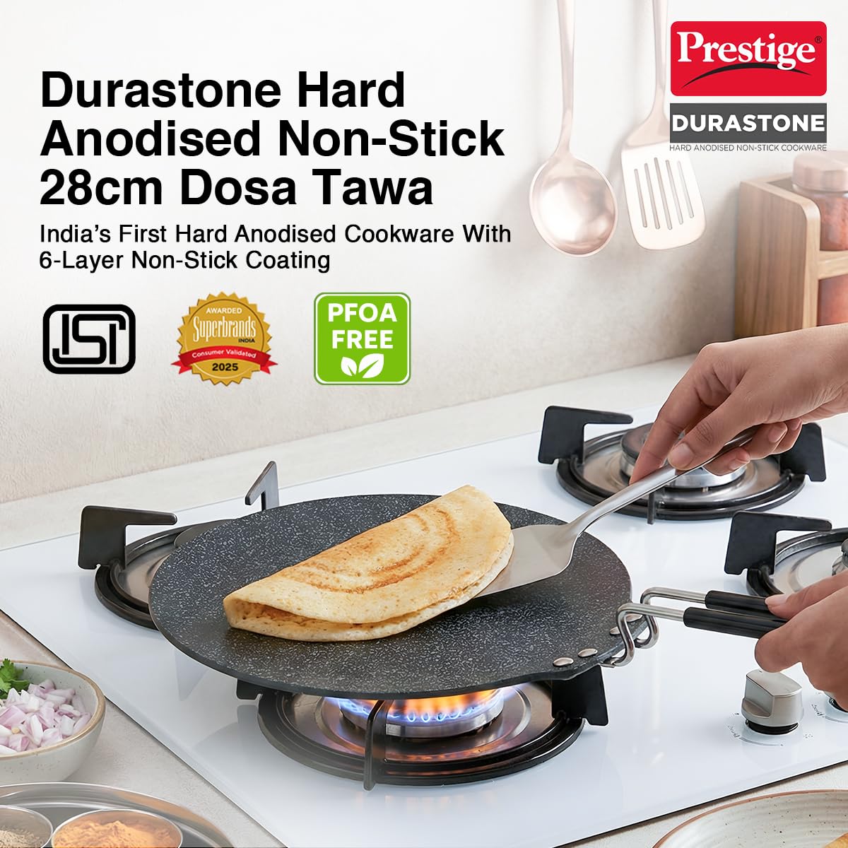Prestige Durastone 28cm Hard Anodised Non-Stick Dosa Tawa| 6 Layer Non-Stick Coating|