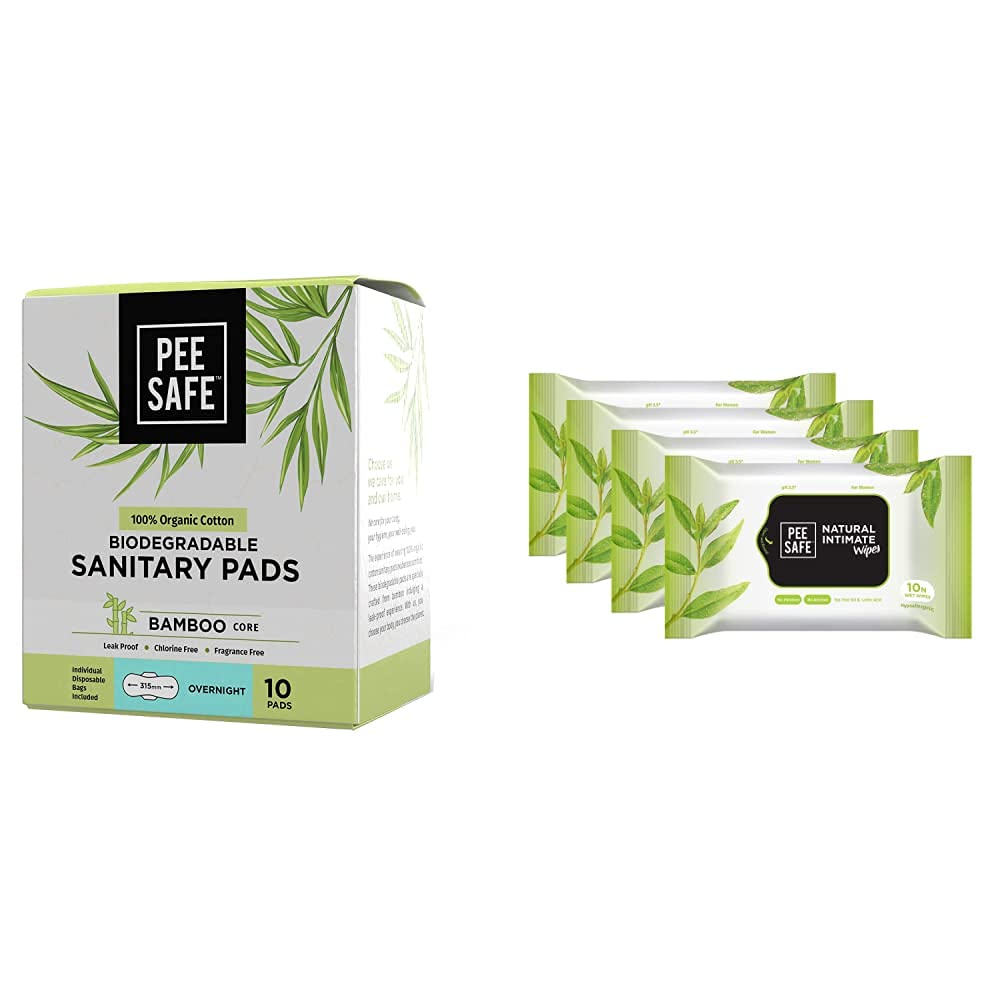Pee Safe Organic Cotton, Biodegradable Sanitary Pads (Pack of 10, Overnight) & Peesafe Natural Intimate Wipes - 10 Count (Pack of 4)