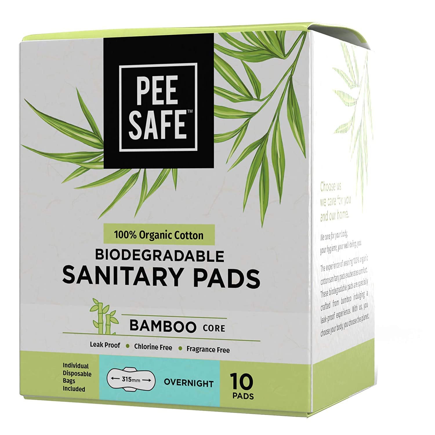 Pee Safe Organic Cotton, Biodegradable Sanitary Pads (Pack of 10, Overnight) & Peesafe Natural Intimate Wipes - 10 Count (Pack of 4)