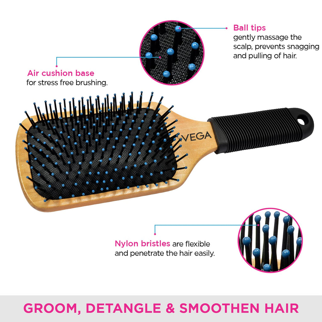 Vega Wooden Paddle Hair Brush (India's No.1* Hair Brush Brand) For Men and Women (E1-PB) (Pack of 2)