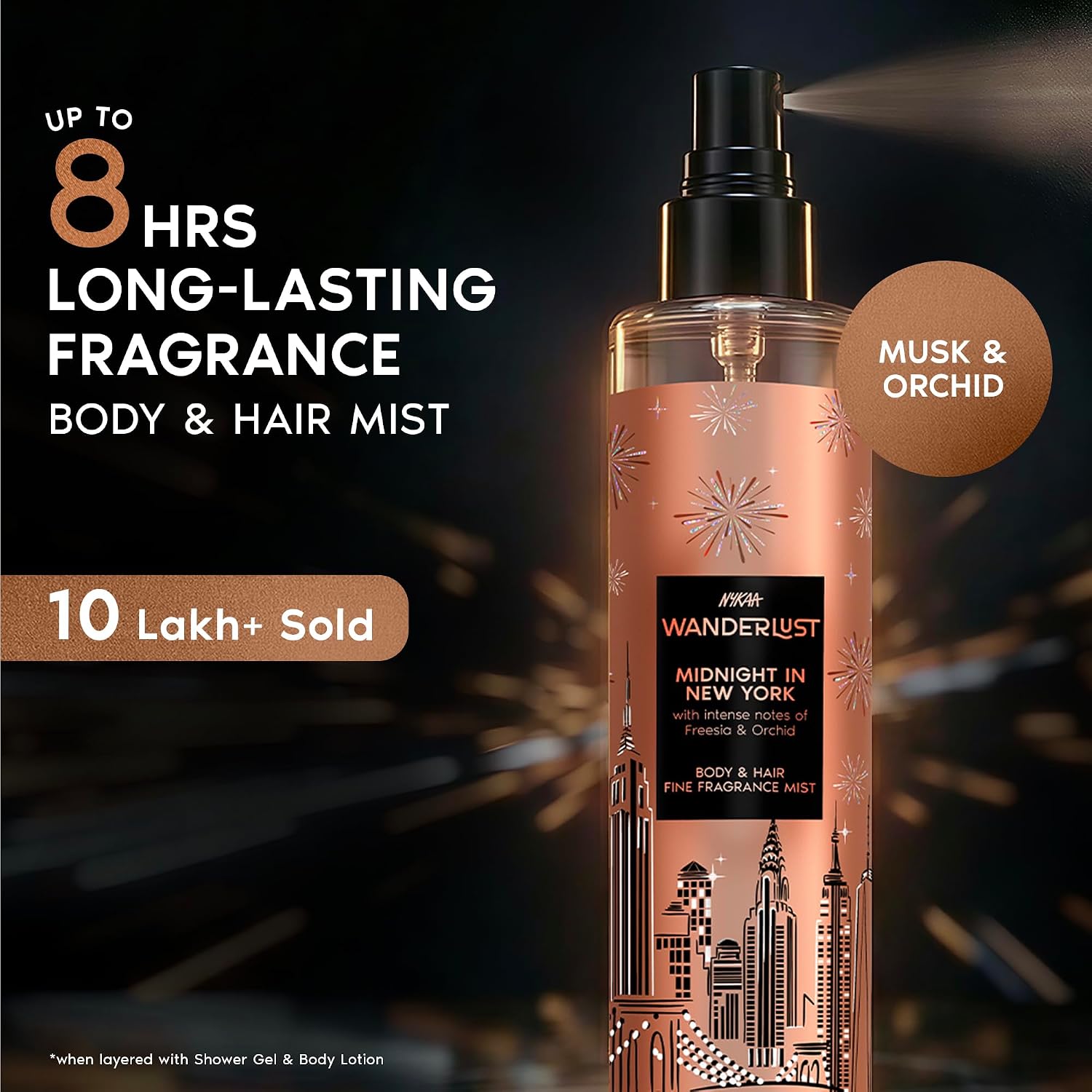 Nykaa Wanderlust Midnight in New York Body & Hair Fine Fragrance | Perfume Mist for Women – 200 ml I Orchid & Musk | Long–Lasting, Travel-Friendly,...