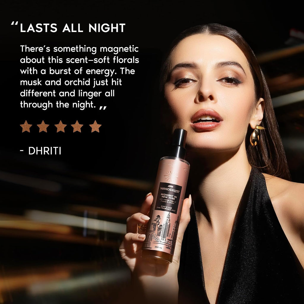 Nykaa Wanderlust Midnight in New York Body & Hair Fine Fragrance | Perfume Mist for Women – 200 ml I Orchid & Musk | Long–Lasting, Travel-Friendly,...