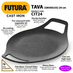 Hawkins Futura 24 cm Cast Iron Tava, Cast Iron Tawa for Roti, Cast Iron Cookware for Kitchen, Black (CIT24)