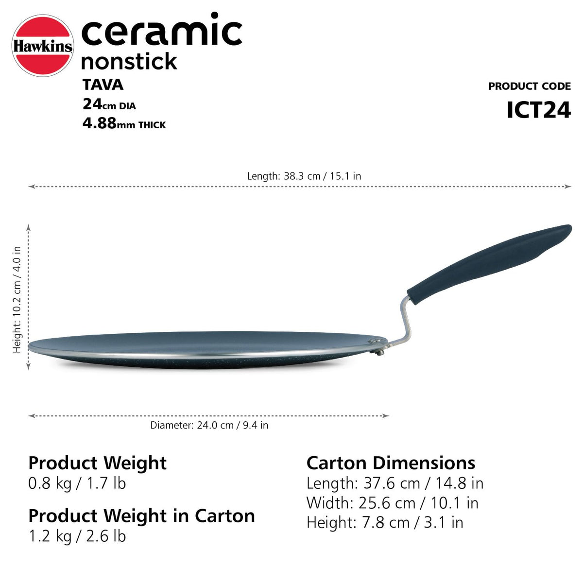 Hawkins Ceramic Nonstick Tava, 24 cm Diameter, Induction Paratha Tawa, Granite Griddle (ICT24)