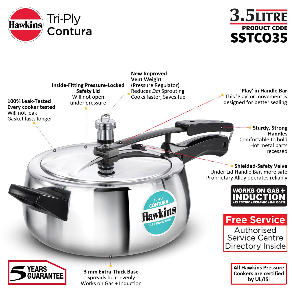 Hawkins Contura 3.5 Litre Triply Stainless Steel Pressure Cooker | Curved Body | Induction & Gas Compatible | Ideal for 4–5 persons | ISI Certified |..