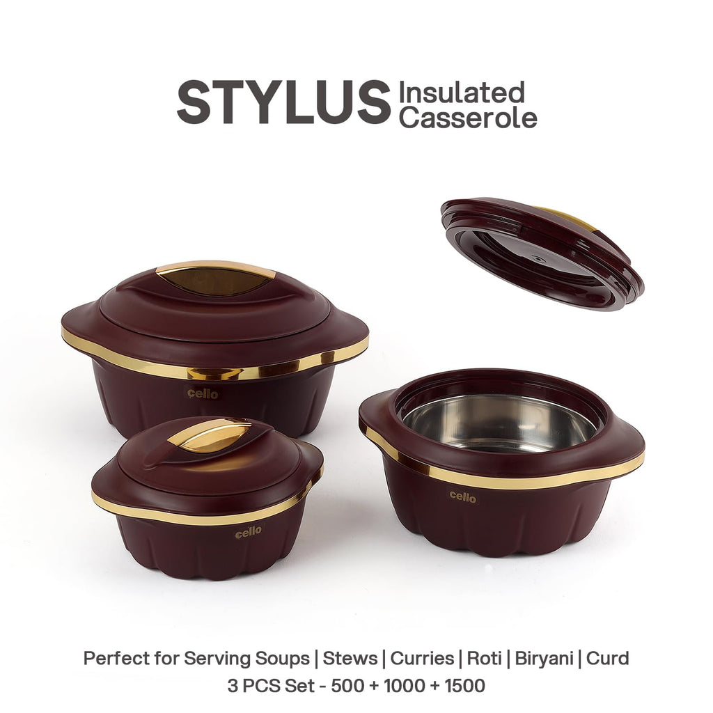 CELLO Stylus Insulated Casserole Hot Pot Box Set of 3 Pcs, Brown (500ml, 1000ml, 1500ml) |