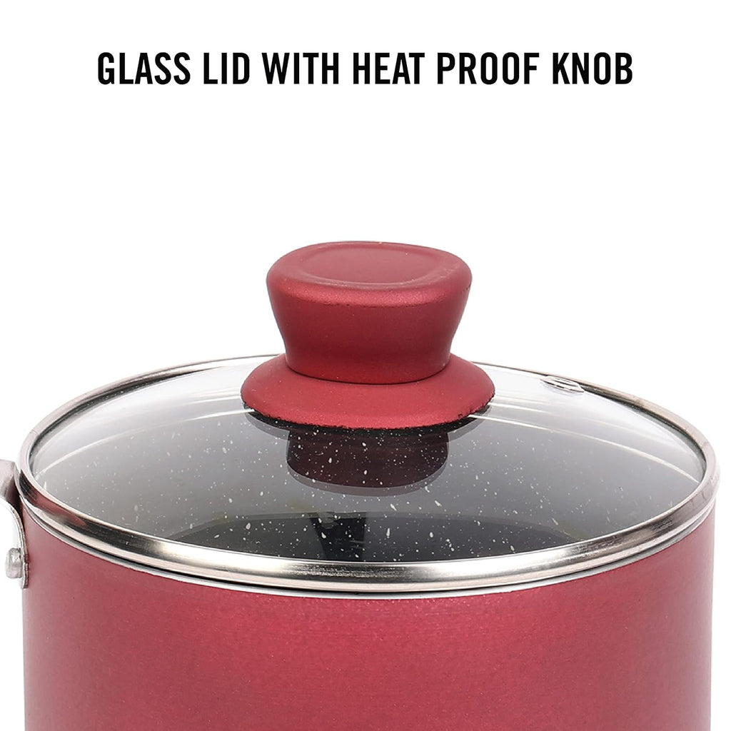 Cello Crown Induction Base Non Stick Saucepan with Glass Lid 1.5 Liter, Maroon