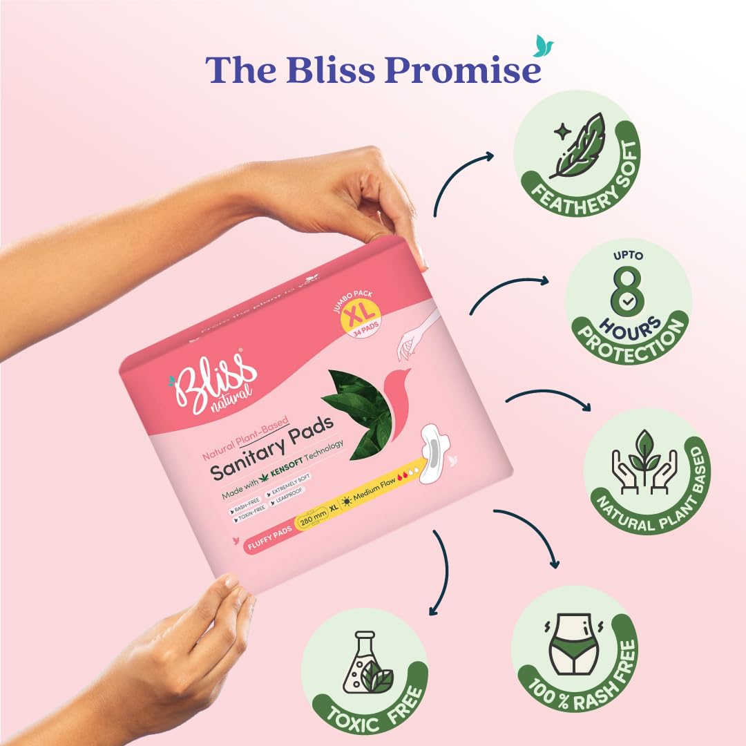 BLISSNATURAL Ultra Soft Sanitary Pads for Women XL | Pack of 34 |
