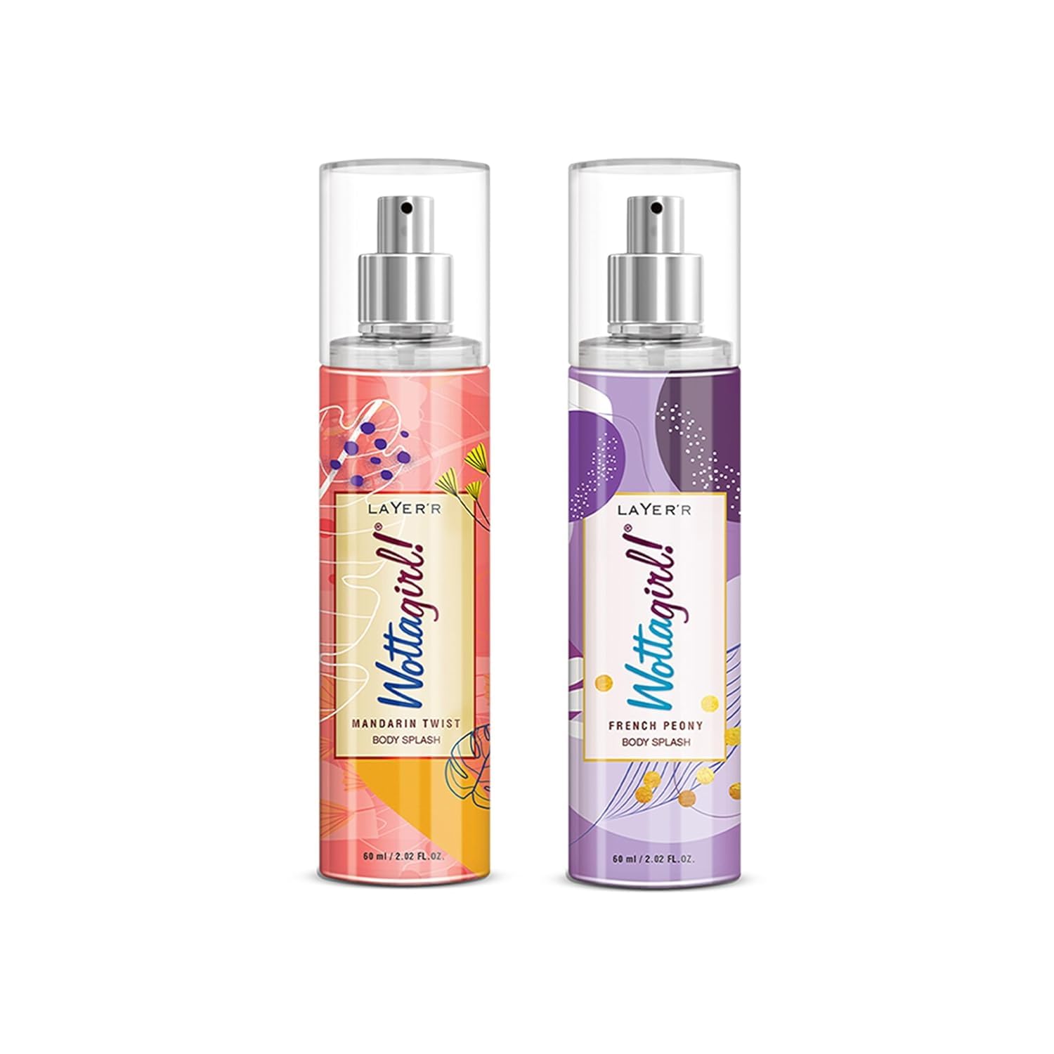 Layer'r Wottagirl French Peony & Mandarin Twist for Women, 60ml x 2 | Long-lasting fruity & floral fragrances with citrus, peony, vanilla, musk & woody notes for everyday freshness.