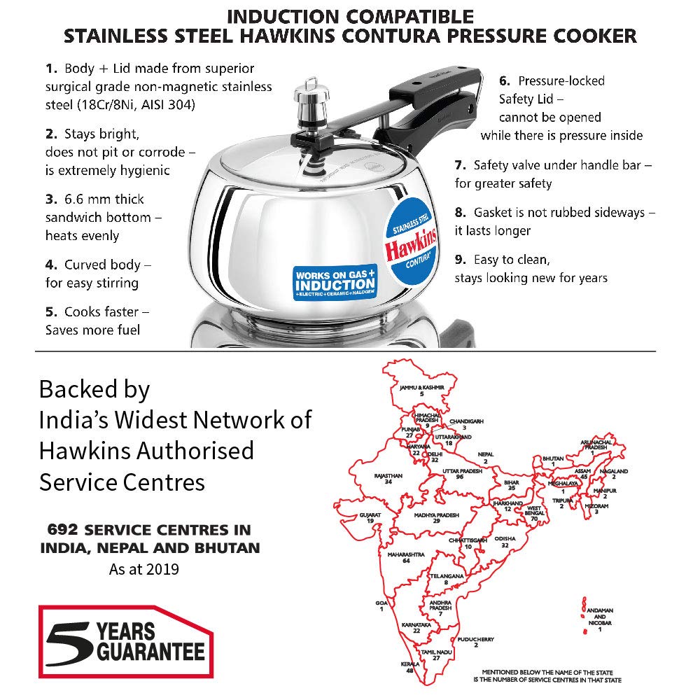 HAWKINS Stainless Steel CONTURA Pressure Cooker 3 litres + Hawkins Stainless Steel Pressure Cooker, 2 litres, Silver