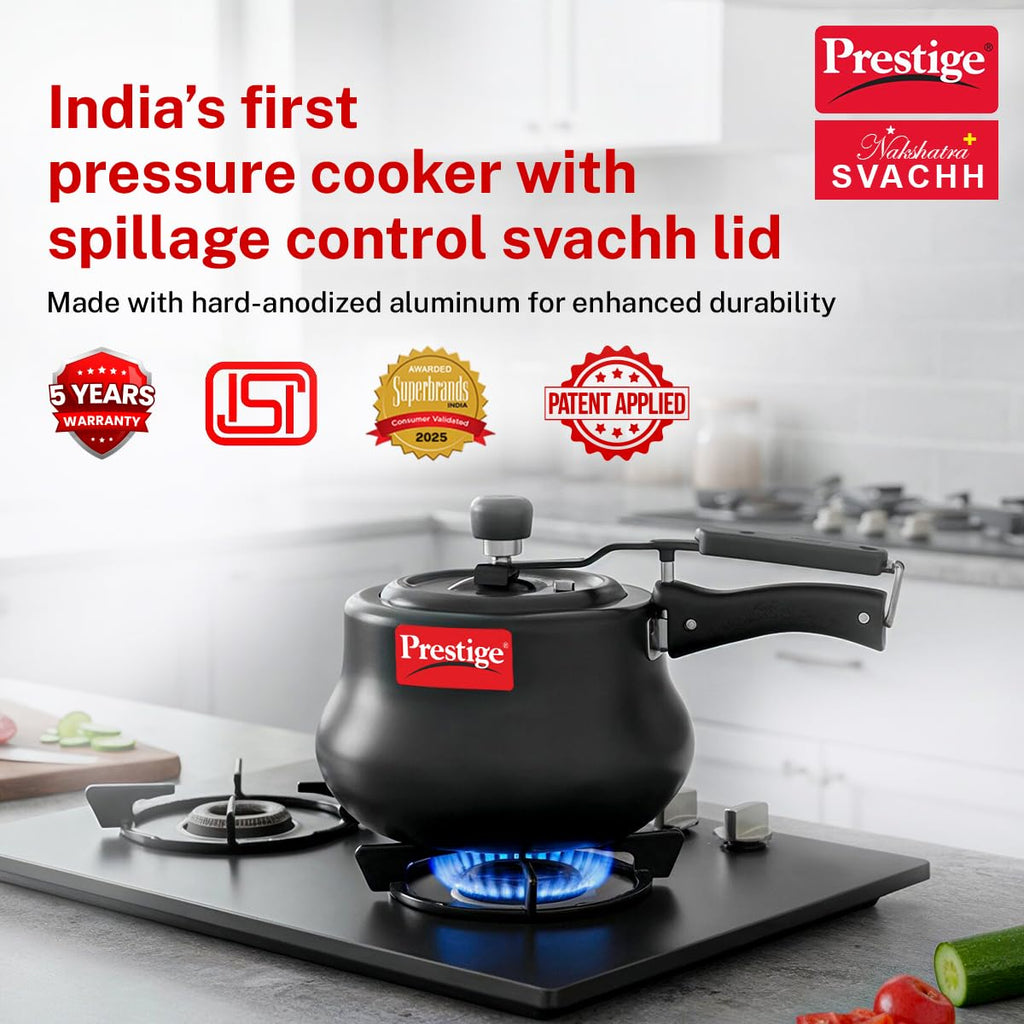 Prestige 3 Litre Hard Anodized Nakshatra Plus Inner Lid Pressure Cooker | Handi | Deep Lid for Spillage Control | Anti-Bulge Base | Metallic Safety Plug | Gas & Induction Compatible |5Y Warranty | ISI