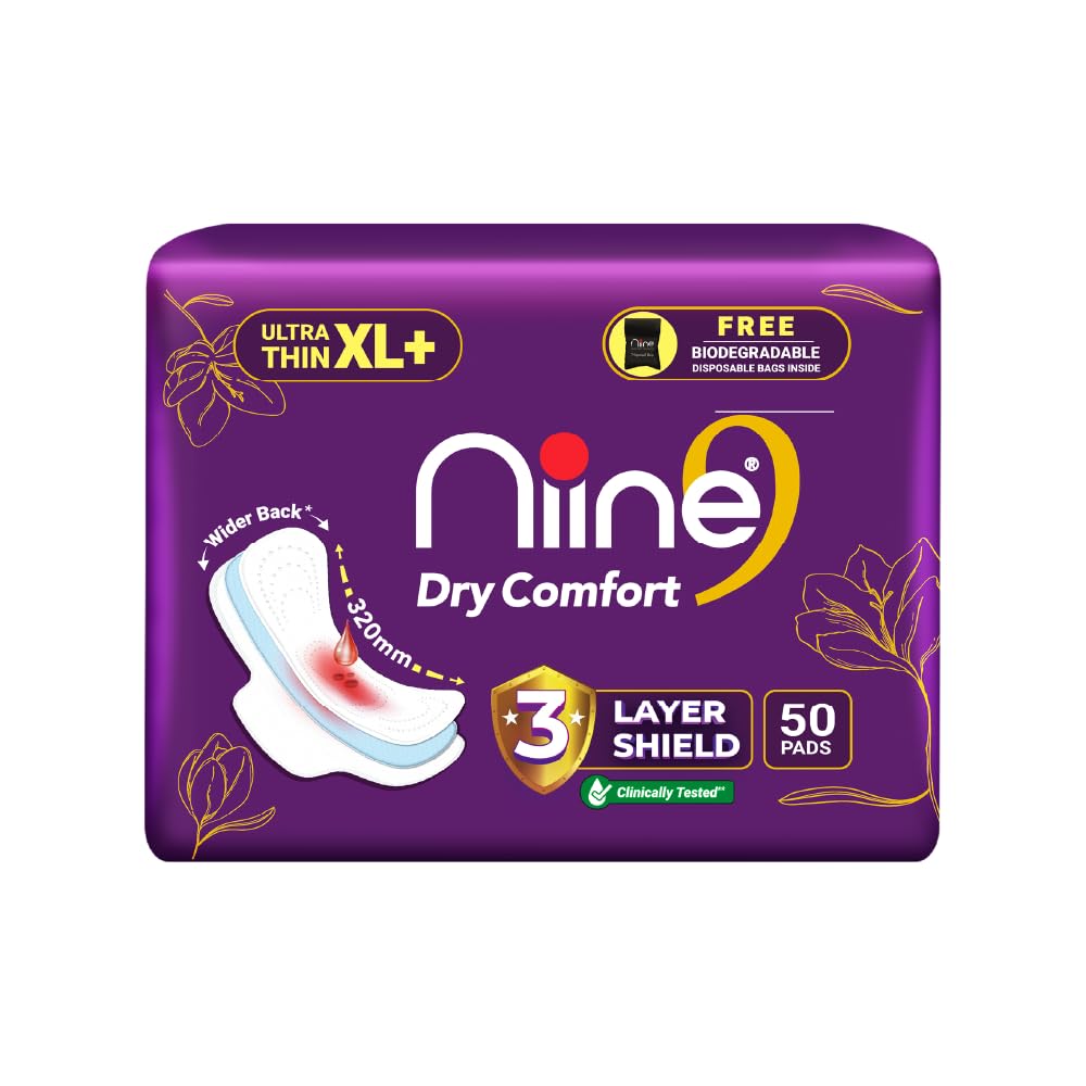 NIINE Dry Comfort Ultra Thin XL+ Sanitary Napkins for Heavy Flow (Pack of 1)50 Pads|320mm Long| Suitable for Heavy Flow|Faster Absorption |Prevents Wetness...