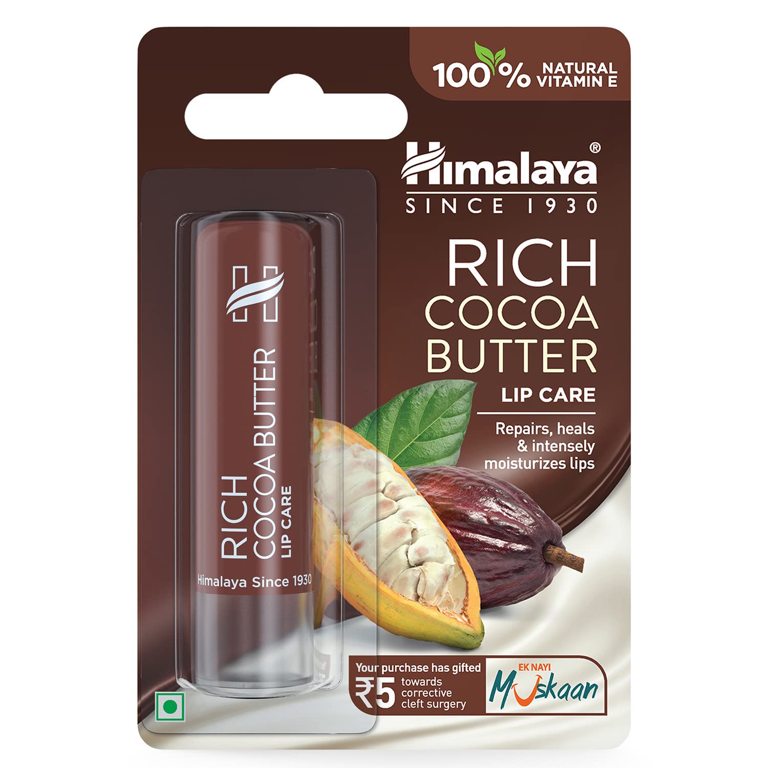 Himalaya Rich Cocoa Butter Lip Balm | 4.5gm | Repairs Chapped Lips | Intensely Moisturizes Dry Lips | Natural Vitamin E | No visible colour