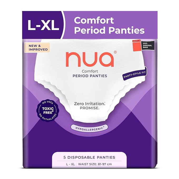 Nua Comfort Period Panties (L-XL) | Pack of 5 | Disposable | 360° Coverage | Zero Irritation | 4X Comfort | for Heavy Flow | No rashes | Leakproof | Seamless | 100% Toxic-Free White