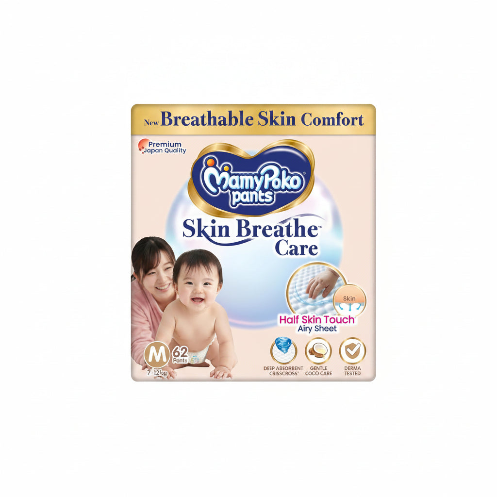 MamyPoko Pants Skin Breathe Care | Baby Diapers Medium Size (M) | 62 Count | 7-12Kgs | Half Skin Touch Airy Sheet | 3X Breathable | Derma Tested