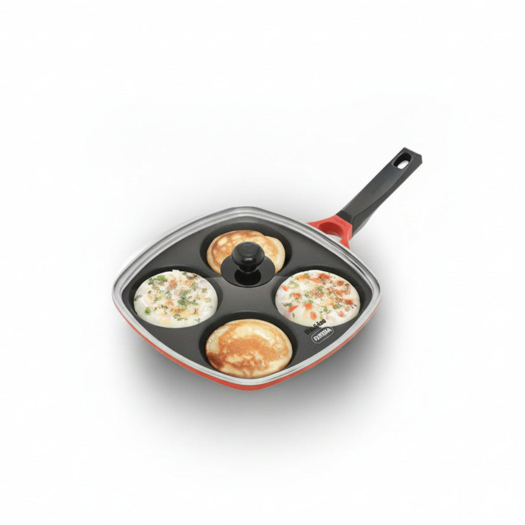 Hawkins 30 cm Die-Cast Multi Snack Pan with Glass Lid, Nonstick Mini Uttapam Tawa, Pancake Pan, Red (DCMS30G)