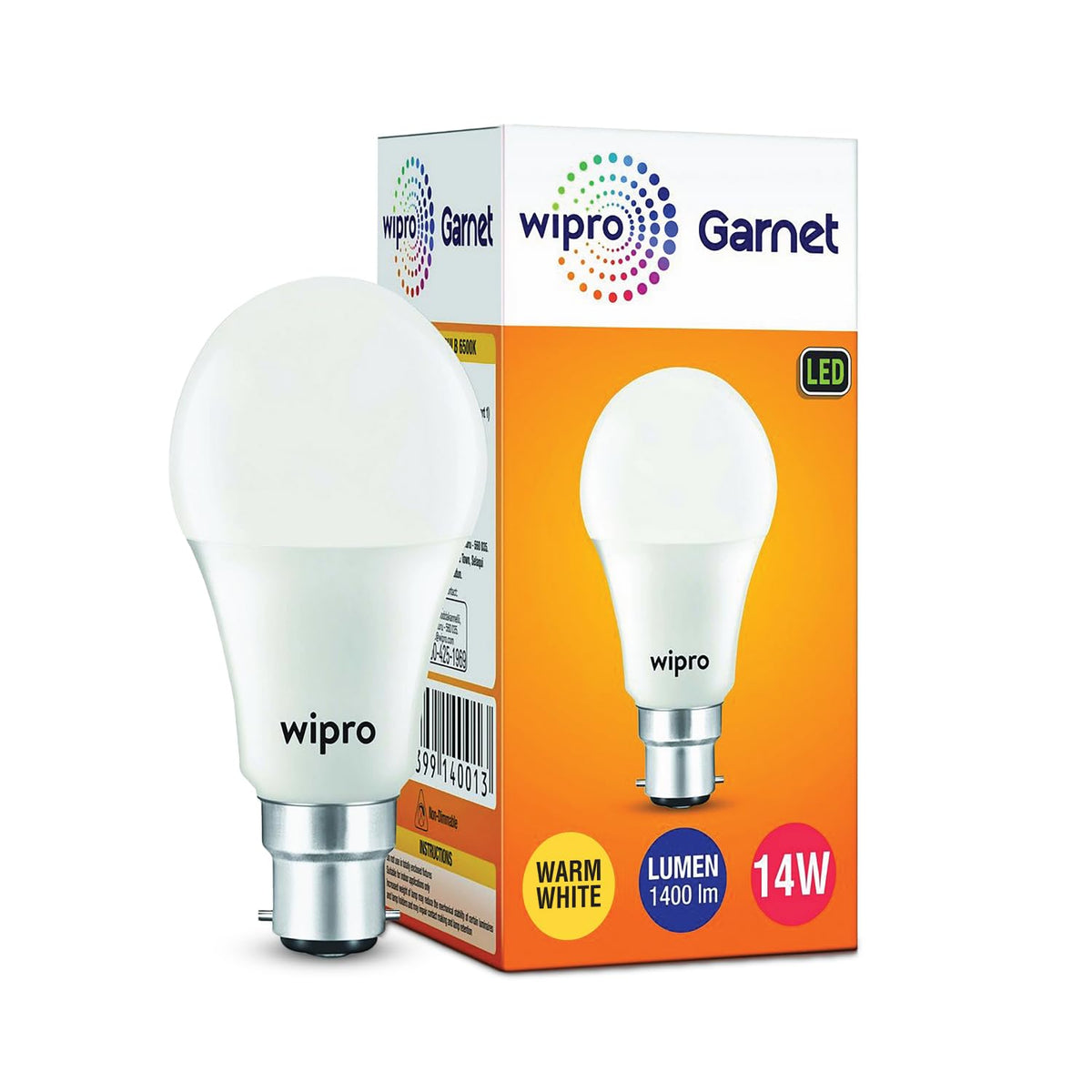 wipro Garnet 14W LED Bulb for Home & Office |Warm White (2700K) | B22 Base|220 degree Light coverage |4Kv Surge Protection |400V High Voltage Protection |Energy Efficient | Pack of 1