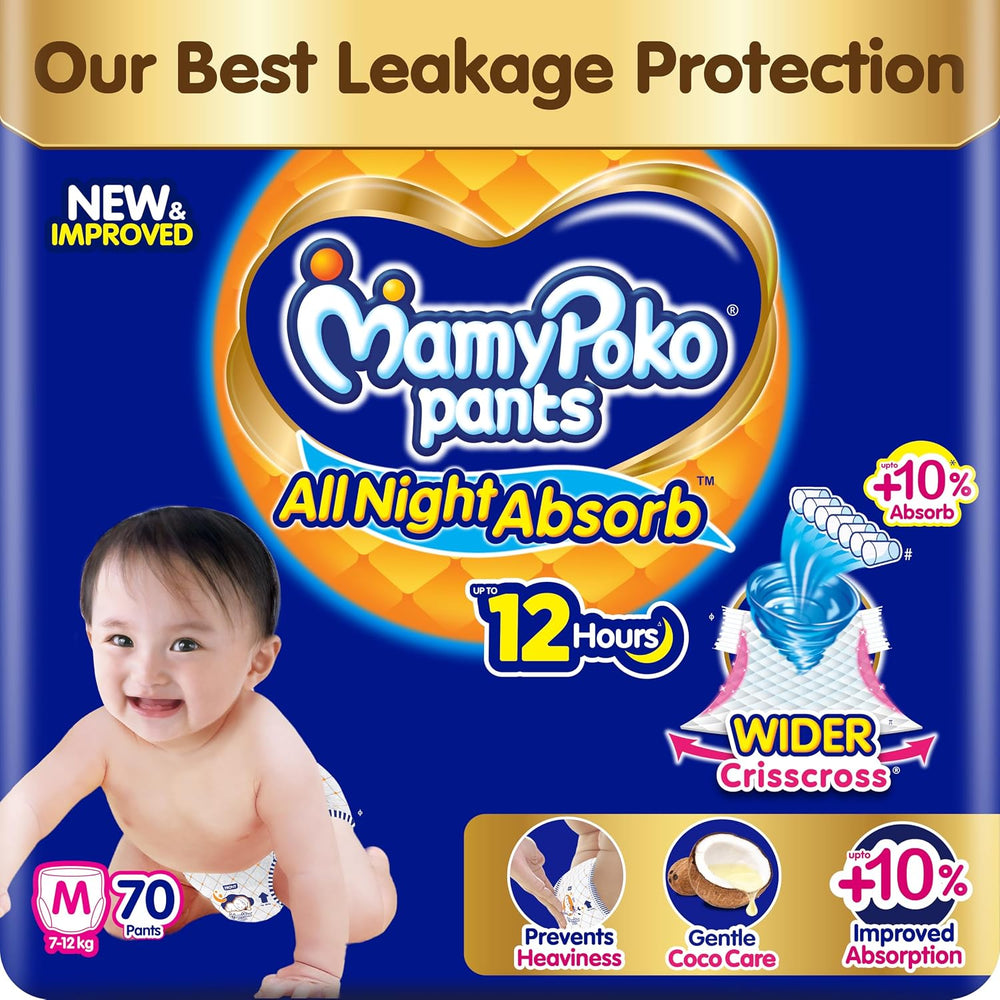 New Mamypoko Pants Premium All Night Absorb| Pant Style Baby Diapers Medium Size(M), 70 Count, Ideal for 7-12Kgs