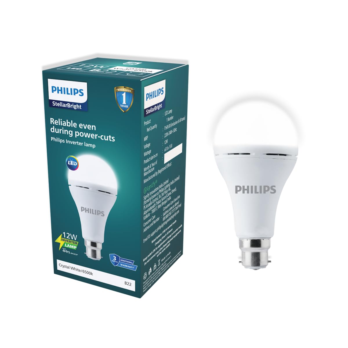 PHILIPS 12W Emergency Bulb | Rechargeable Emergency Bulb for Power Cuts | Backup : 4hrs, Crystal White, Pack of 1, b22d, LED
