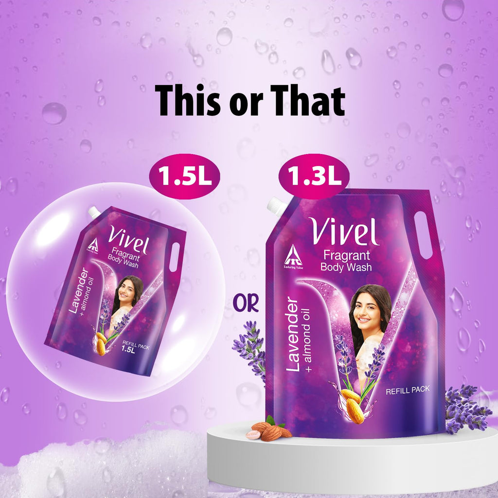 Vivel Fragrant Body Wash, Lavender & Almond Oil Shower Gel, 1300ml Supersaver XL Refill Pouch, Moisturizing Bodywash, Soft & Smooth Skin, Effective Cleansing, For Women & Men
