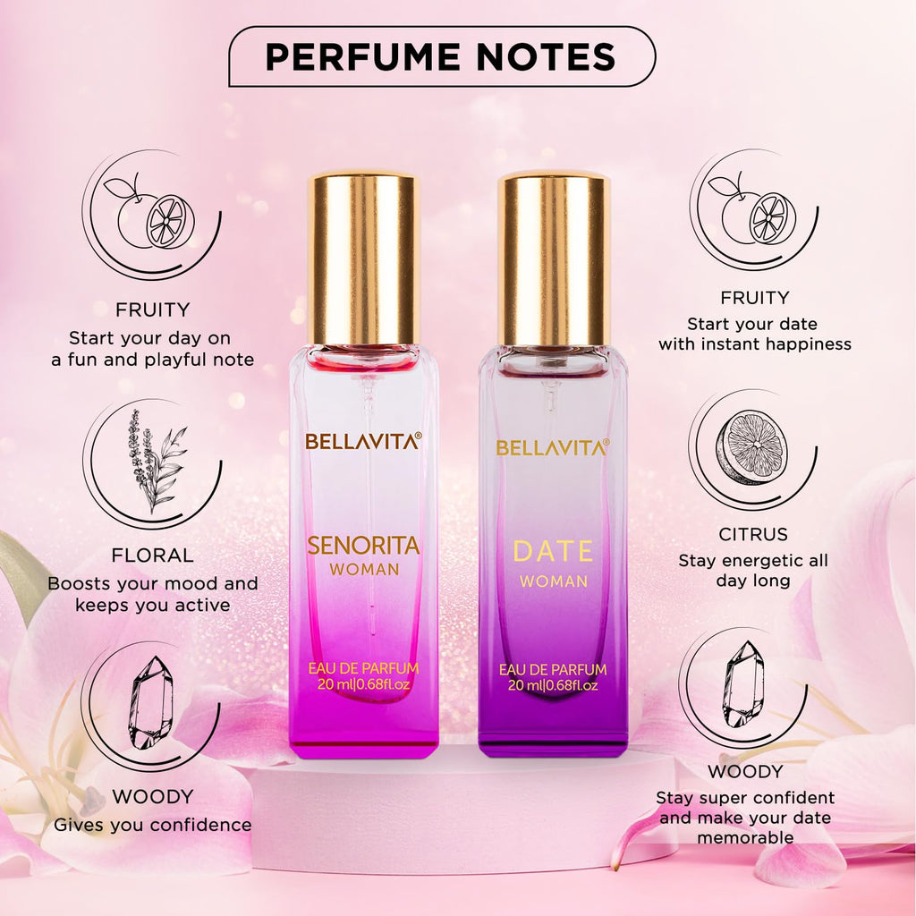 Bella Vita Luxury Date & Senorita Women Long Lasting | Perfume for Woman | Gifts for Woman | EDP 2x20ml | Jasmine, Vanilla, Lotus & Musk | Floral, Fruity & Woody