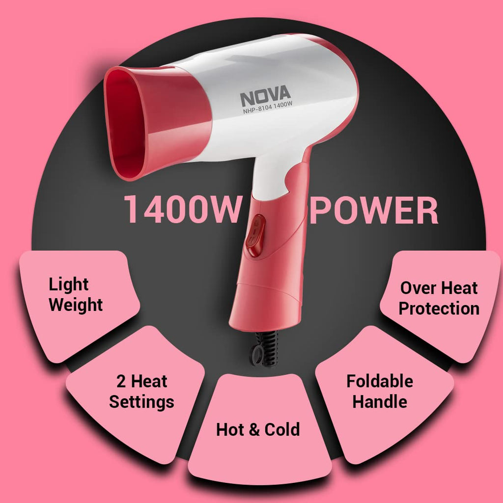 Nova NHP-8104 1400 Watts Compact Hair Dryer ( White/Pink )
