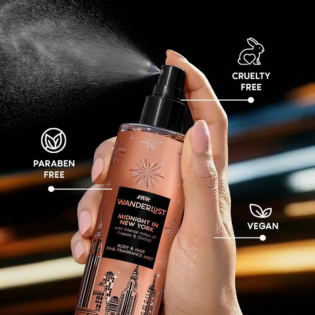 Nykaa Wanderlust Midnight in New York Body & Hair Fine Fragrance | Perfume Mist for Women – 200 ml I Orchid & Musk | Long–Lasting, Travel-Friendly,...