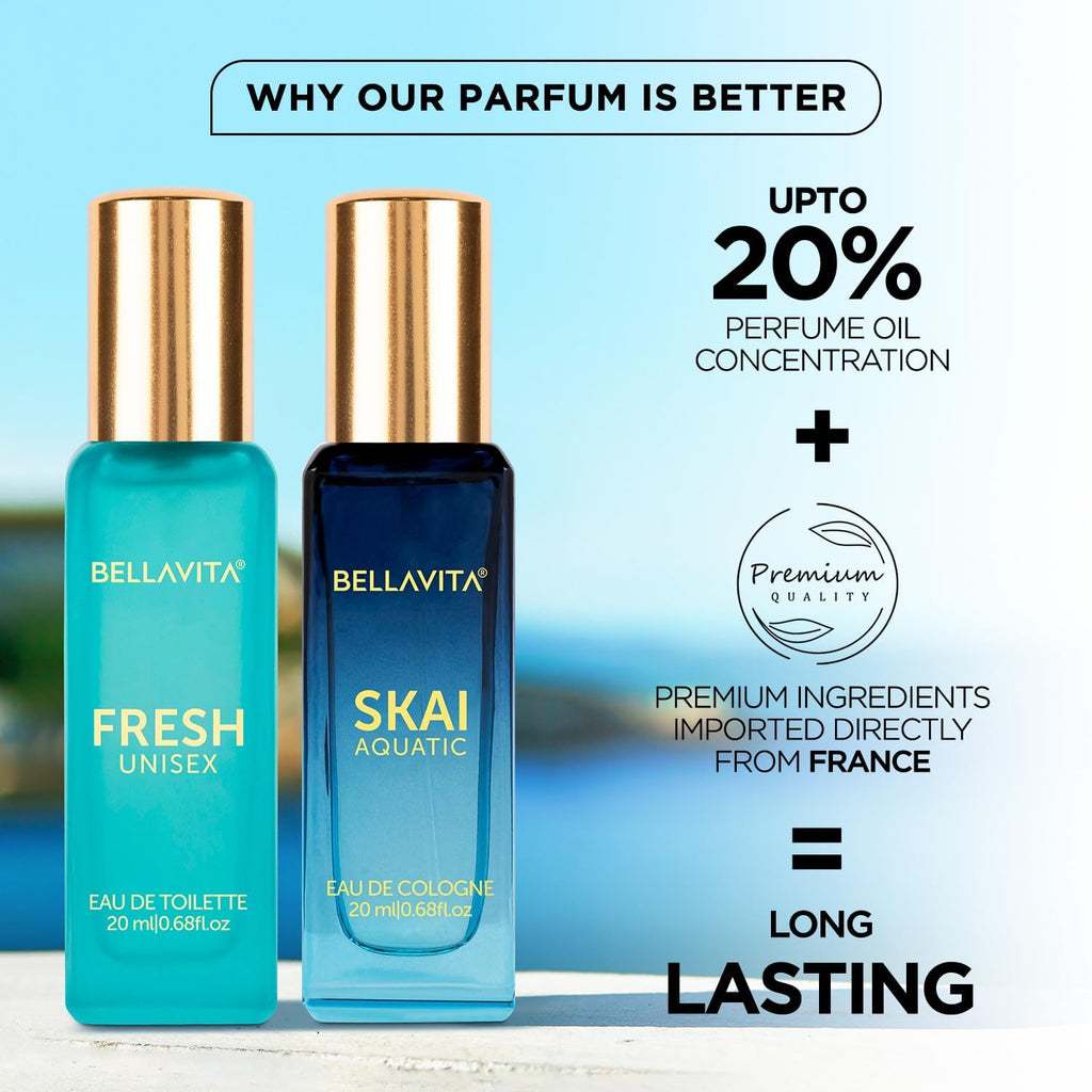 BELLAVITA Skai Aquatic EDC & Fresh EDT | Long Lasting 2x20ml Perfume for Man & Woman | Gifts for Woman | Bergamot, Ylang Ylang, Pink Pepper |...