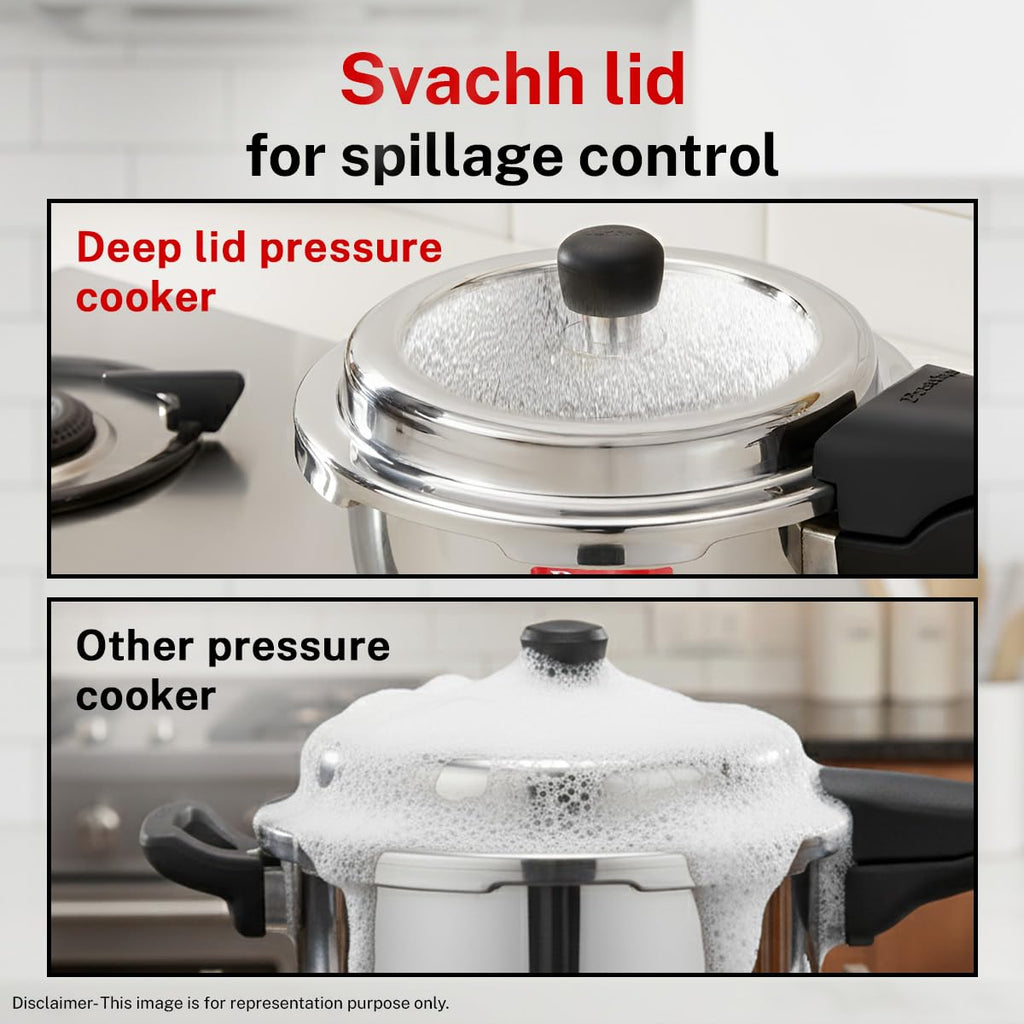 Prestige 5.5 Litre Stainless Steel Deluxe Alpha Svachh Outerlid Pressure Cooker |Deep lid for spillage control|10 years warranty|Gas & Induction compatible|Gasket release system|ISI Certified