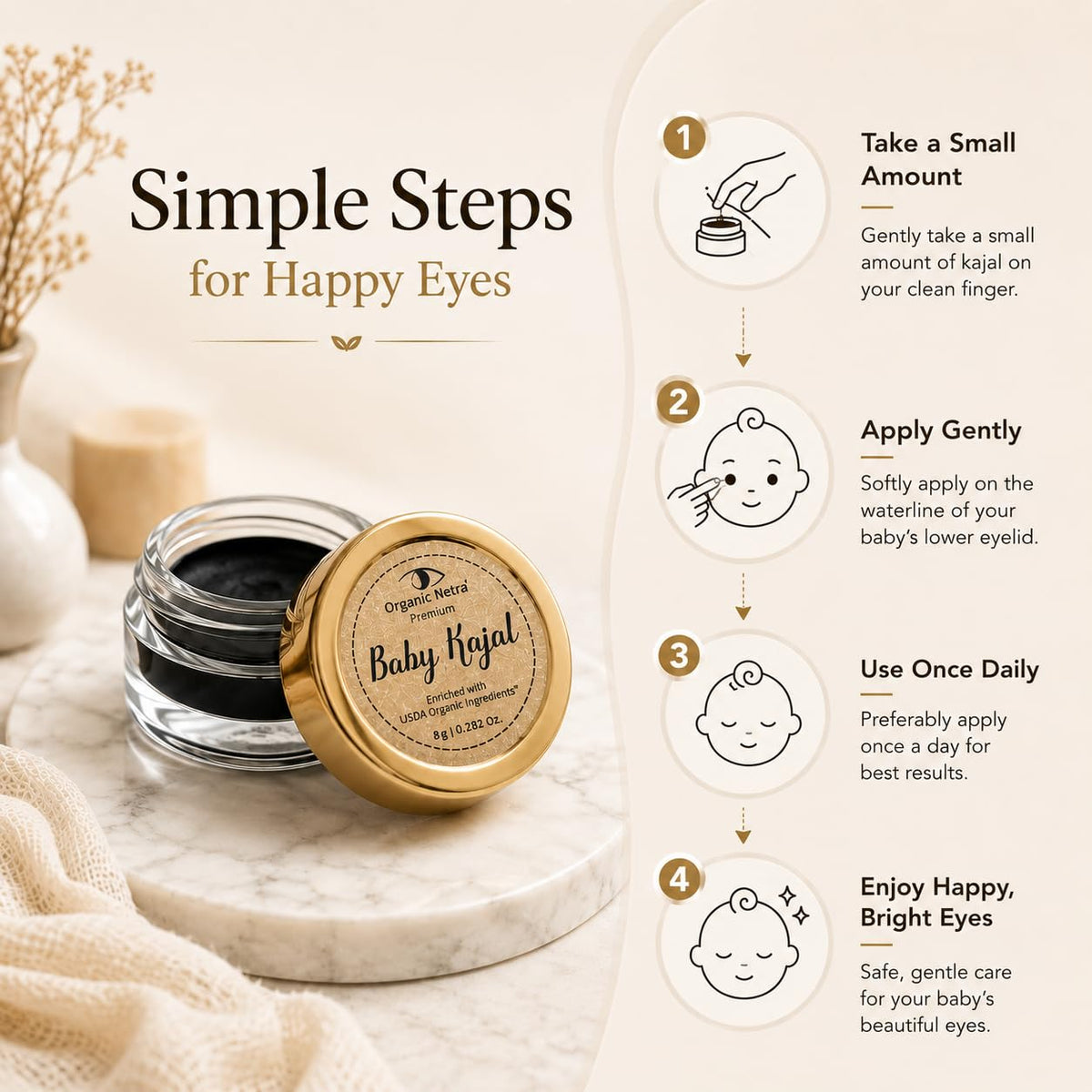 Organic Netra Baby Kajal 8g for Newborns Water-Resistant Smudgeproof Longlasting Enriched with Natural Organic Ingredients Safe for Sensitive Baby Skin No Harmful Chemicals Matte Finish - 8g