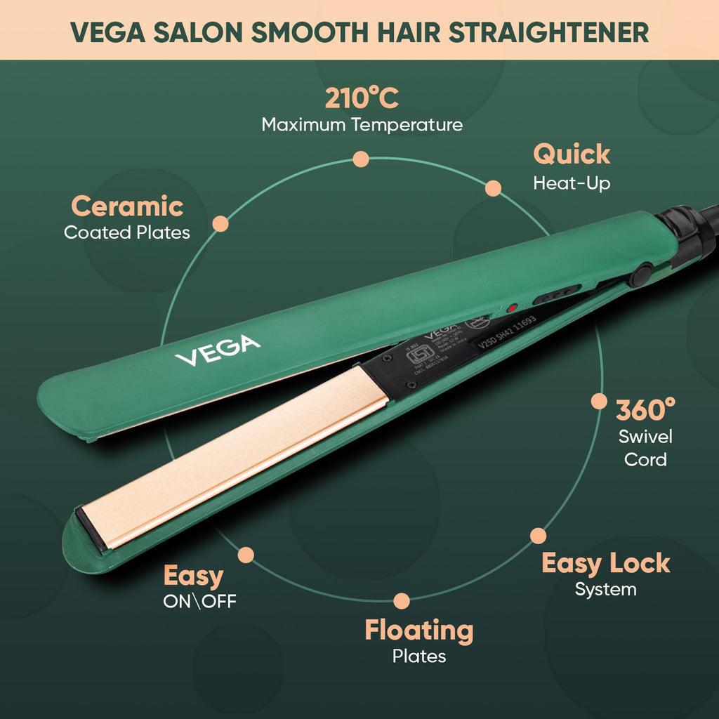Vega Salon Smooth Hair Straightener for Women with Ceramic Coated Plates, Quick Heatup & Travel Friendly