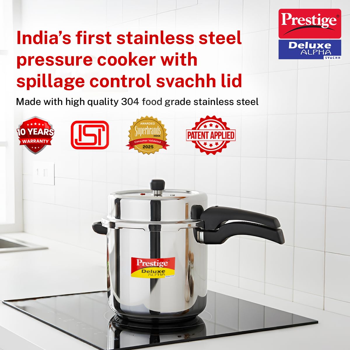 Prestige 10 Litre Stainless Steel Deluxe Alpha Svachh Outer Lid Pressure Cooker | 10Y Warranty | Deep Lid for Spillage Control | TRIPLY Base | Gasket Release System | Gas & Induction Compatible | ISI