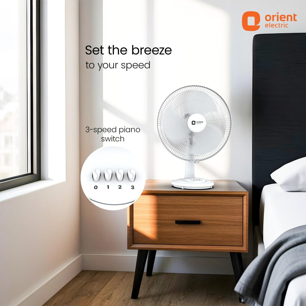 Orient Electric 400 mm Table 77 | High Speed Table Fan for Home|100% Copper Motor with Thermal Overload Protection | 90 Degree Oscillation | 3 Speed Control | Military Grade Guard | White