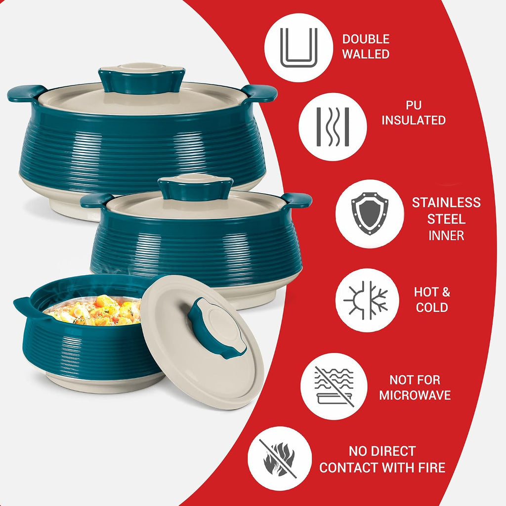 MILTON Venice Double Walled Inner Stainless Steel Serving Casserole Set of 3 (450 ml, 850 ml, 1350ml)