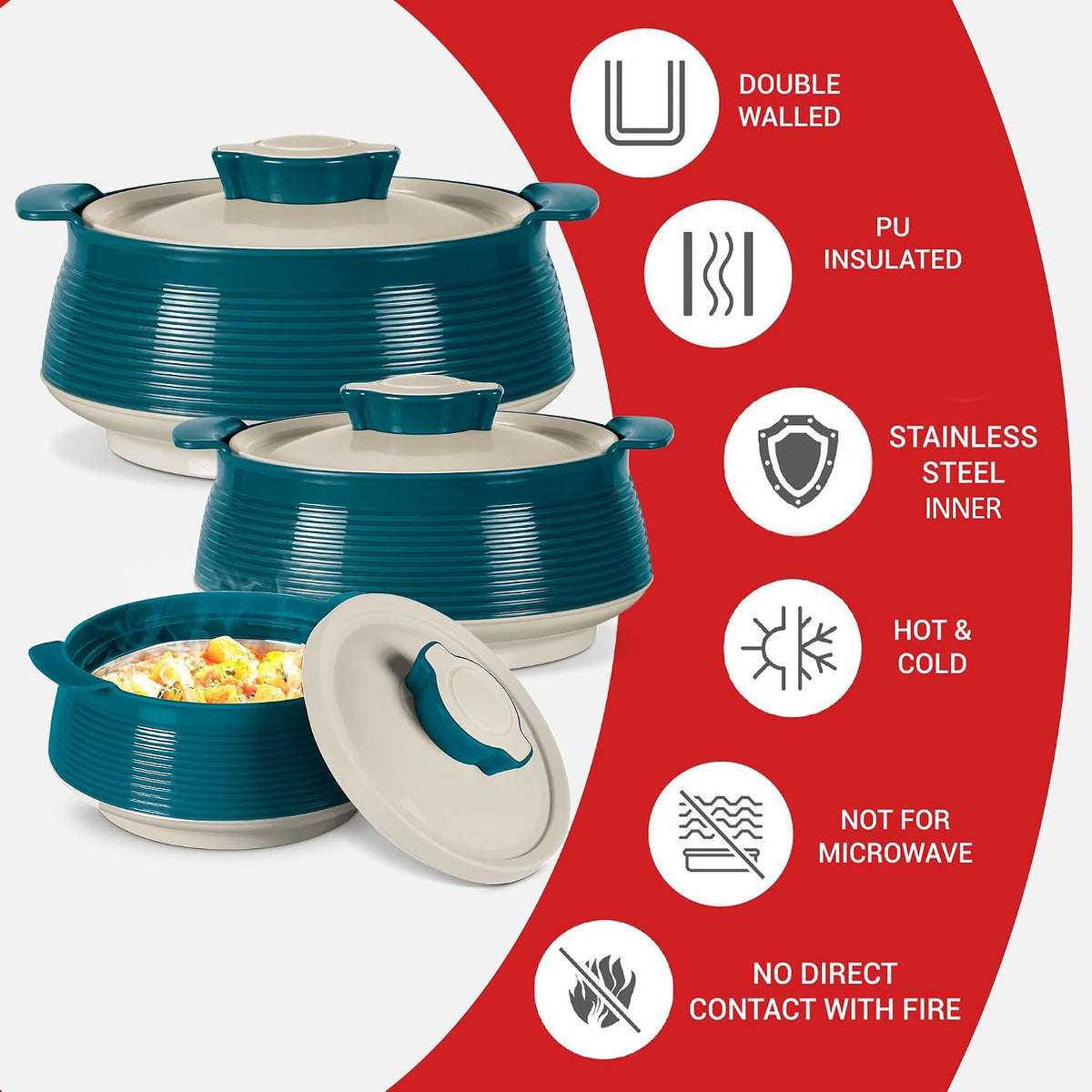 MILTON Venice Double Walled Inner Stainless Steel Serving Casserole Set of 3 (450 ml, 850 ml, 1350ml)