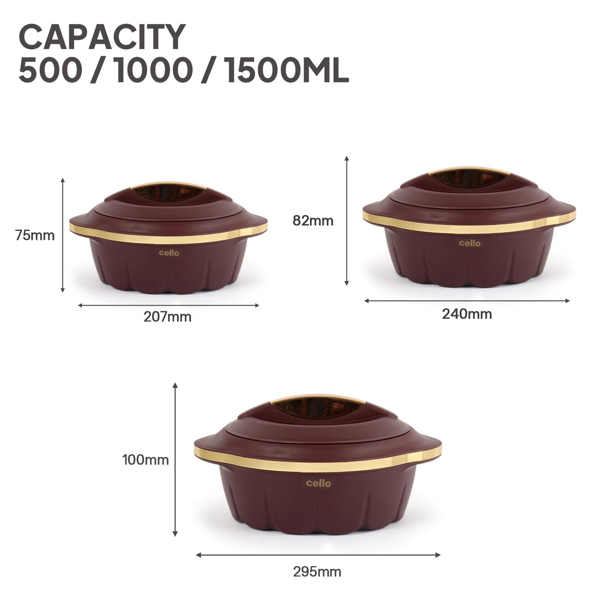 CELLO Stylus Insulated Casserole Hot Pot Box Set of 3 Pcs, Brown (500ml, 1000ml, 1500ml) |