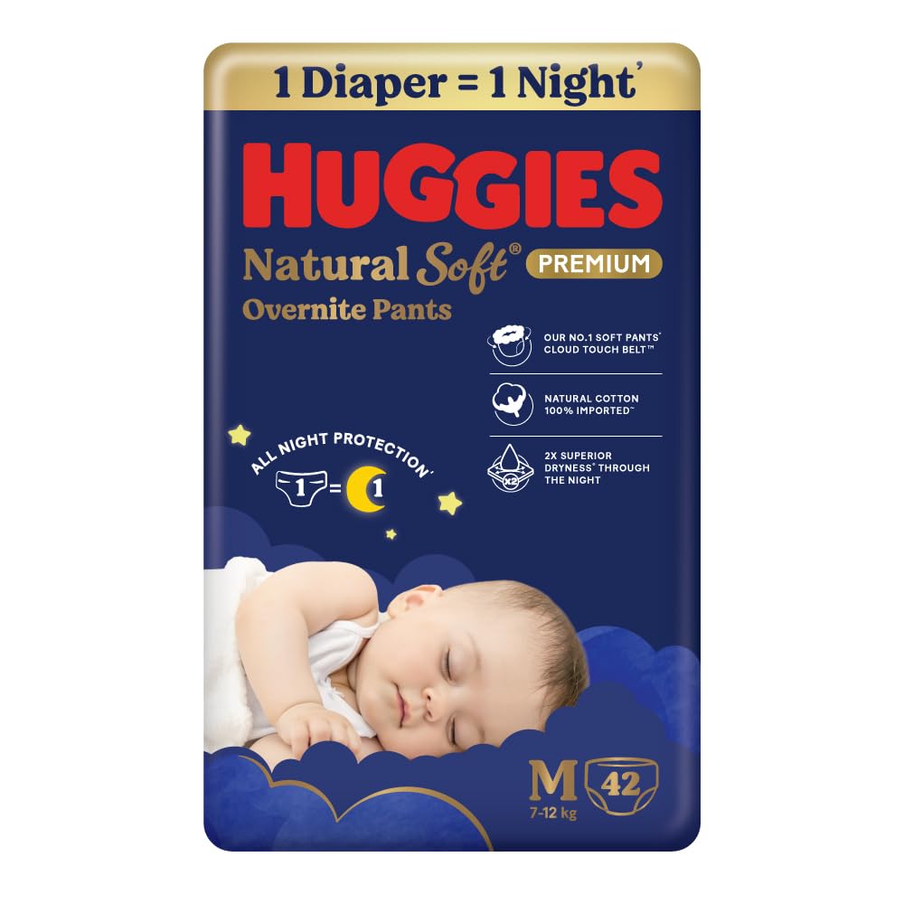 Huggies Natural Soft Overnite Diaper Pants| Premium Pant Style Baby Diapers Medium Size (M Size | 7-12 Kgs), 42 count| Keeps baby dry all night with cloud...