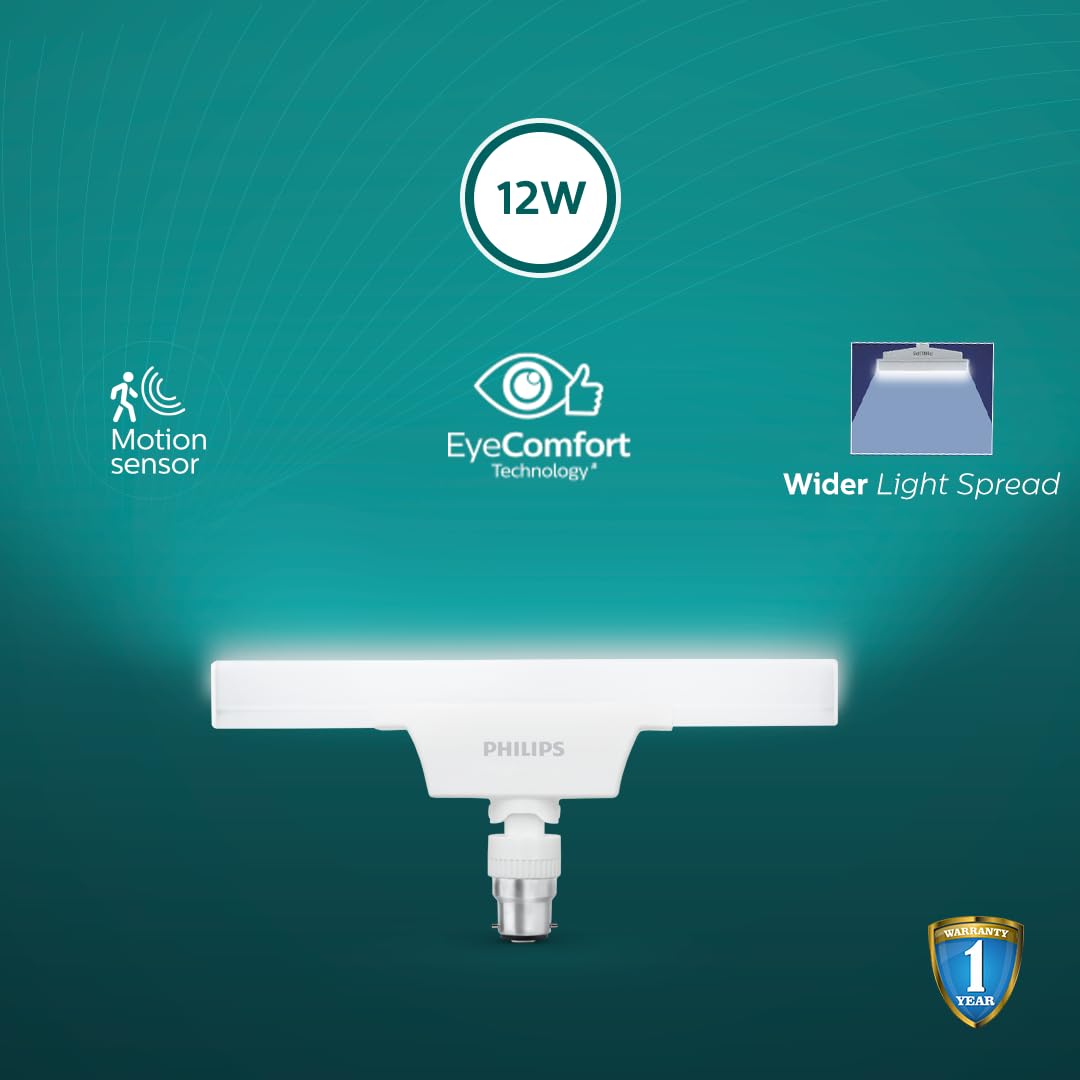 Philips Motion Sensor 12W LED T-Bulb | Motion Sensor Light for Home | Bulb Base : B22, Light Color : Crystal White | Pack of 1