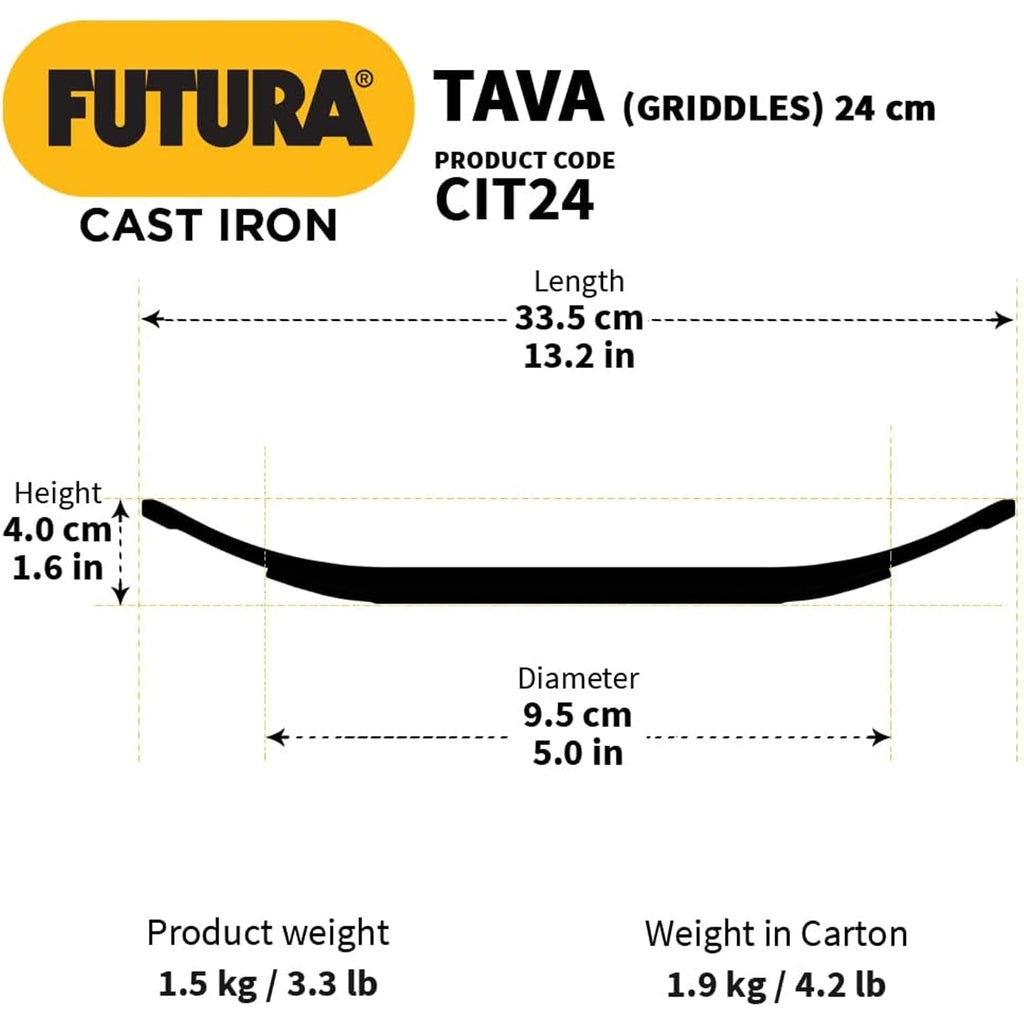 Hawkins Futura 24 cm Cast Iron Tava, Cast Iron Tawa for Roti, Cast Iron Cookware for Kitchen, Black (CIT24)