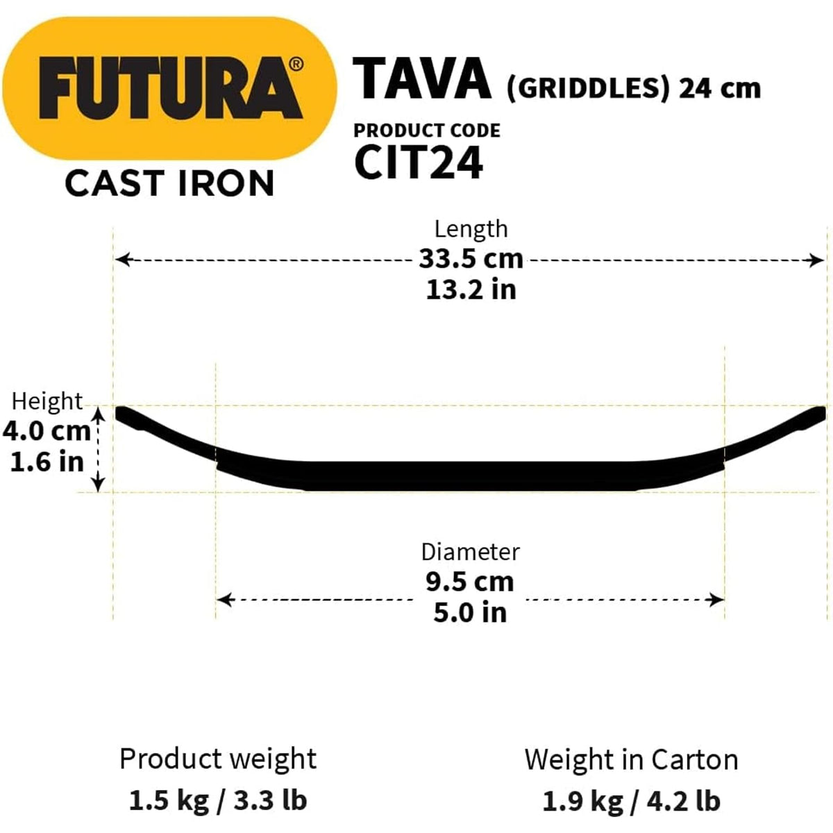 Hawkins Futura 24 cm Cast Iron Tava, Cast Iron Tawa for Roti, Cast Iron Cookware for Kitchen, Black (CIT24)