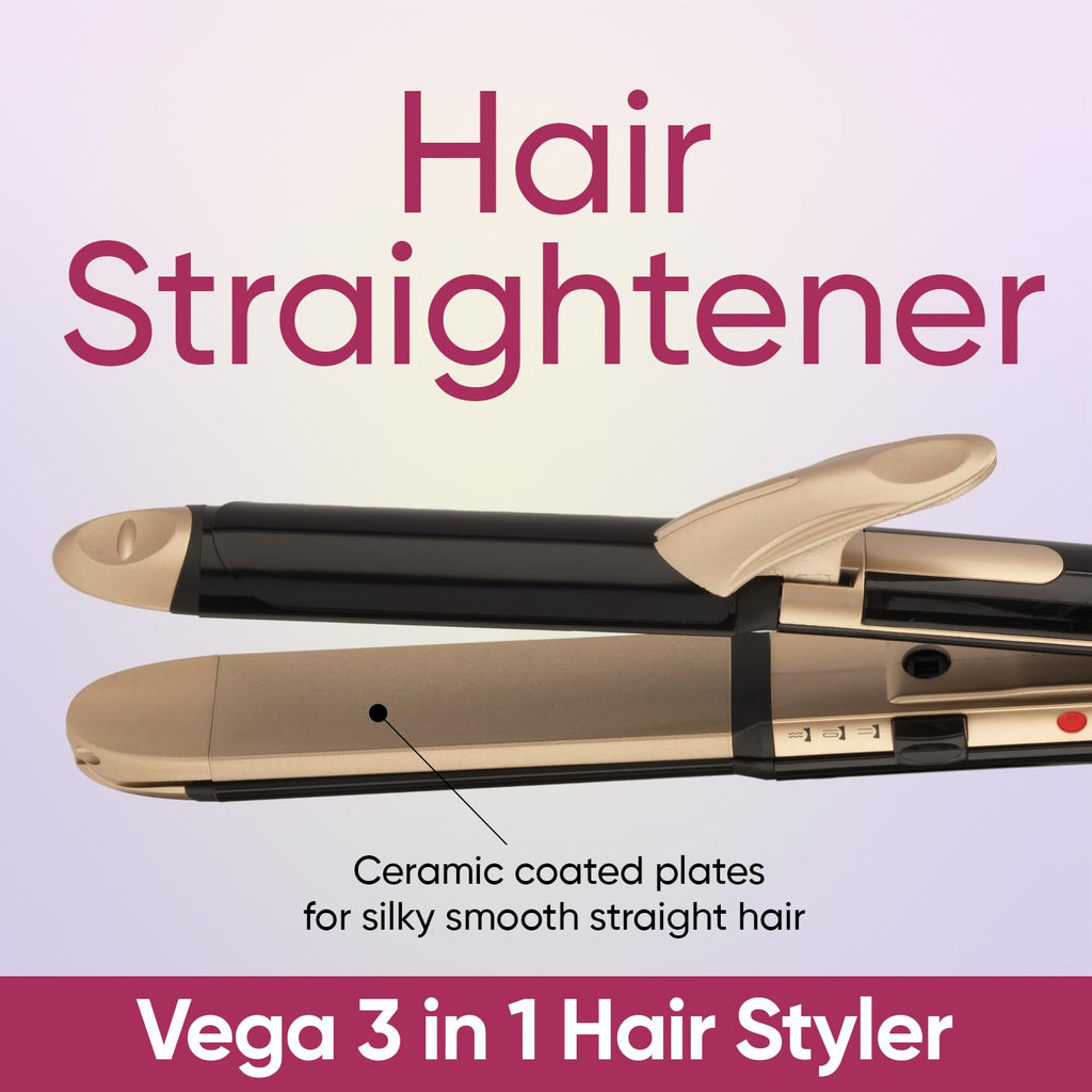 Vega 3 in 1 Hair Styler, 2000 Watts Straightener, Curler & Crimper (VHSCC-01), Black & Pro Touch VHDP-02 Hair Dryer (Black)