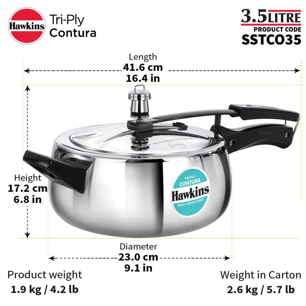 Hawkins Contura 3.5 Litre Triply Stainless Steel Pressure Cooker | Curved Body | Induction & Gas Compatible | Ideal for 4–5 persons | ISI Certified |..