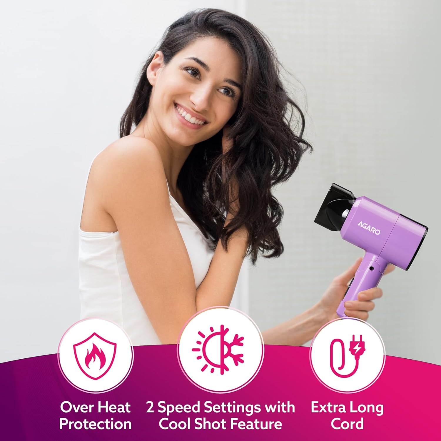 AGARO Premium Hair Dryer with 1400 Watts Motor, 3 Temperature Settings & Cool Shot Button- Black HD-1214