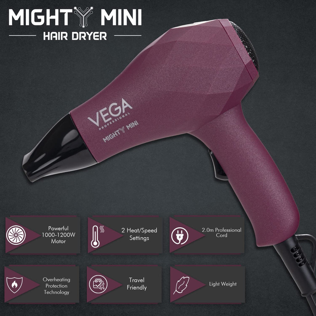 VEGA PROFESSIONAL Might Mini Straightening Brush & Dryer 1000-1200 Watts With 2