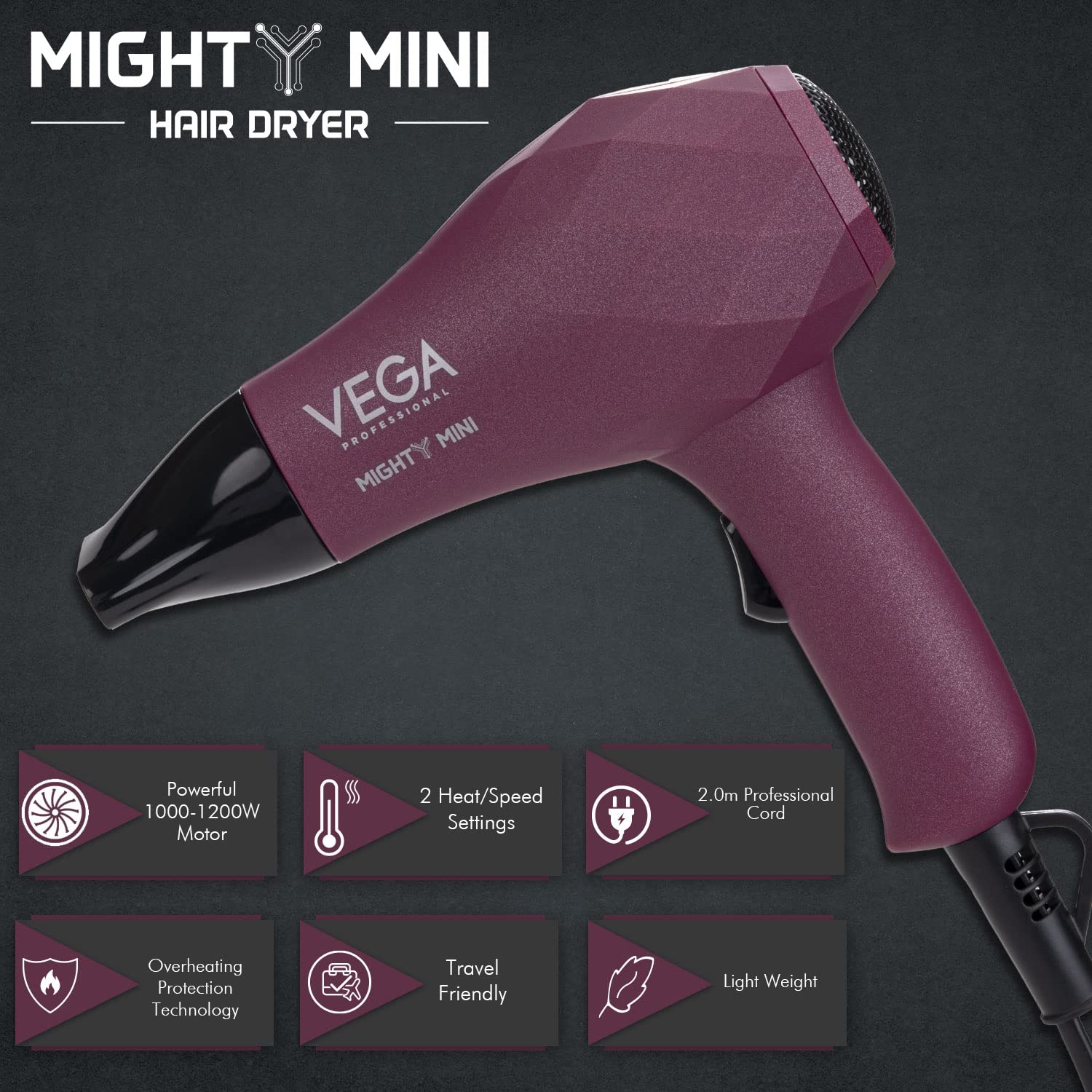 VEGA PROFESSIONAL Might Mini Straightening Brush & Dryer 1000-1200 Watts With 2