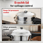 Prestige 10 Litre Stainless Steel Deluxe Alpha Svachh Outer Lid Pressure Cooker | 10Y Warranty | Deep Lid for Spillage Control | TRIPLY Base | Gasket Release System | Gas & Induction Compatible | ISI